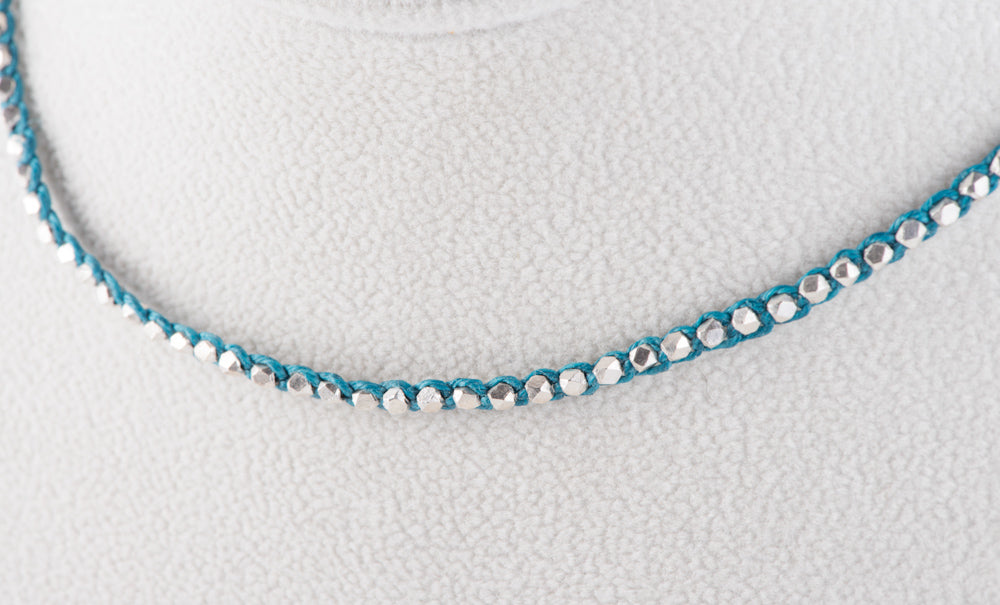 Thai Silver Choker with Blue Waxed Linen